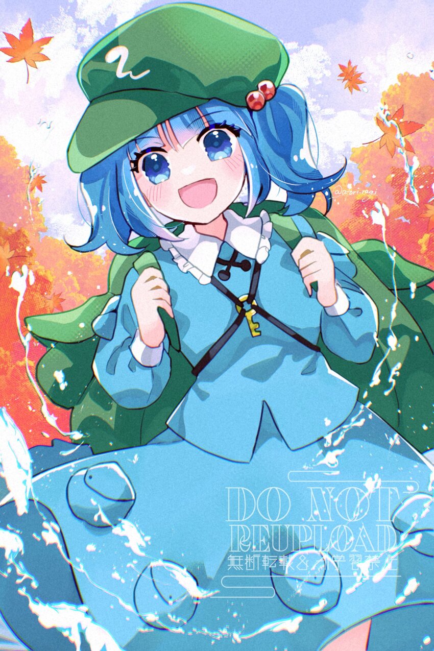 1girl :d autumn_leaves backpack bag blue_eyes blue_hair blue_shirt blue_skirt blunt_bangs blush cloud day eyelashes frilled_shirt_collar frills hair_bobbles hair_ornament happy highres katsuragi_atori kawashiro_nitori key leaf long_hair long_sleeves maple_leaf no_nose open_mouth outdoors shirt skirt skirt_pocket skirt_set sky sleeve_pouch smile solo splashing standing touhou twintails water