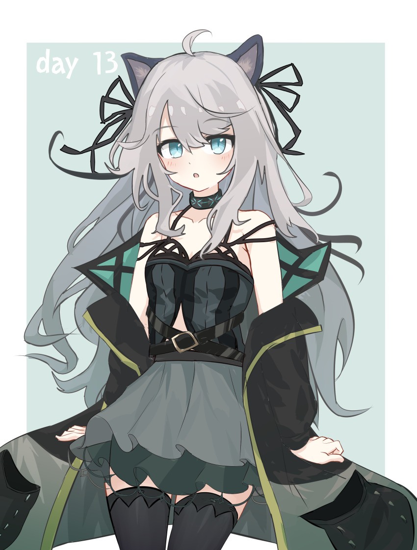 1girl :o absurdres ahoge animal_ears arknights black_camisole black_ribbon black_thighhighs blush border breasts camisole chinese_commentary cleavage collarbone commentary commentary_request cowboy_shot english_commentary green_background grey_hair hair_between_eyes hair_ribbon highres ice_orange_lovegg infection_monitor_(arknights) long_hair long_sleeves looking_at_viewer mint_(arknights) mixed-language_commentary open_mouth outside_border partial_commentary ribbon simple_background small_breasts standing thighhighs white_border