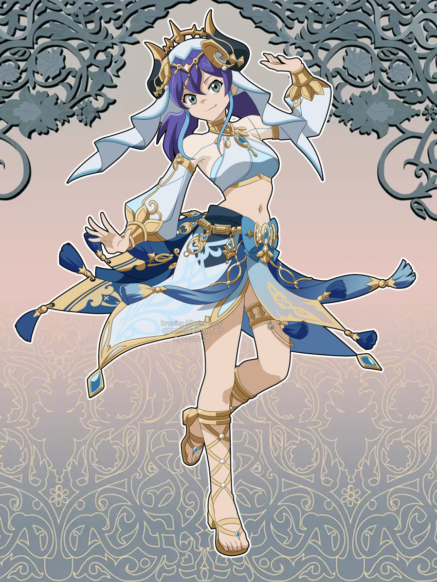 1girl absurdres alternate_costume ayasato18 breasts cosplay genshin_impact gladiator_sandals gold_thighlet green_eyes hair_between_eyes harem_outfit highres long_hair long_sleeves looking_at_viewer medium_breasts midriff navel nilou_(genshin_impact) nilou_(genshin_impact)_(cosplay) purple_hair sandals serena_(yu-gi-oh!) skirt smile solo stomach veil yu-gi-oh! yu-gi-oh!_arc-v