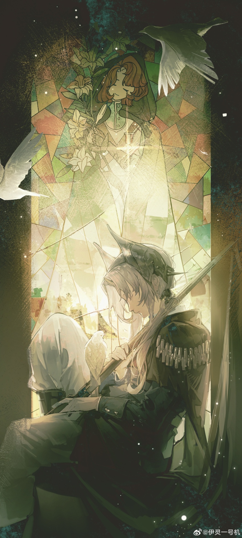 absurdres arched_window backlighting bird black_boots black_cape blue_jacket boots cape closed_eyes dove feet_out_of_frame from_side grey_hair gun hair_ornament highres holding holding_gun holding_weapon jacket low_twintails marsha_(reverse:1999) military_uniform over_shoulder pants profile reverse:1999 rifle rifle_cartridge sentinel_(reverse:1999) sitting_in_window stained_glass twintails watermark weapon weapon_over_shoulder weibo_watermark white_bird white_pants window yi_ling_yi_hao_ji