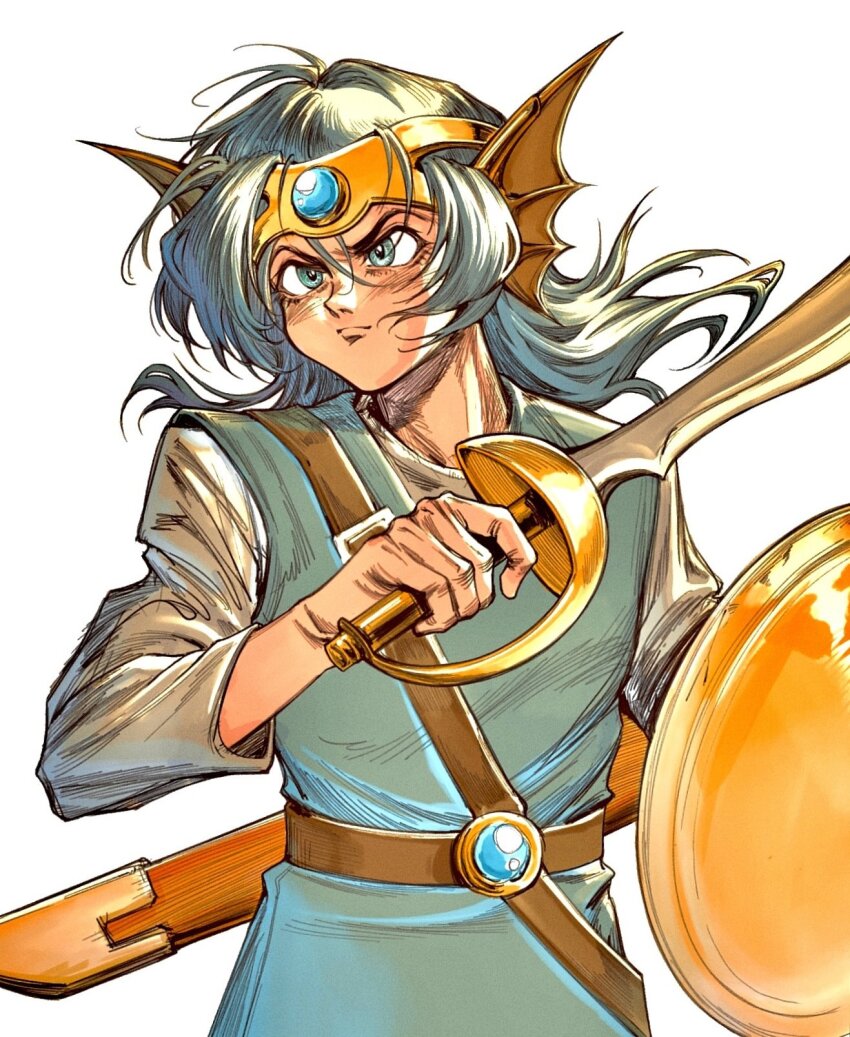 1boy belt brown_belt closed_mouth dragon_quest dragon_quest_iv eyelashes grey_eyes grey_hair grey_tunic headgear hero_(dq4) highres holding holding_shield holding_sword holding_weapon long_hair long_sleeves looking_to_the_side male_focus oldkin shield shirt simple_background solo sword tunic weapon white_background white_shirt zenithian_sword