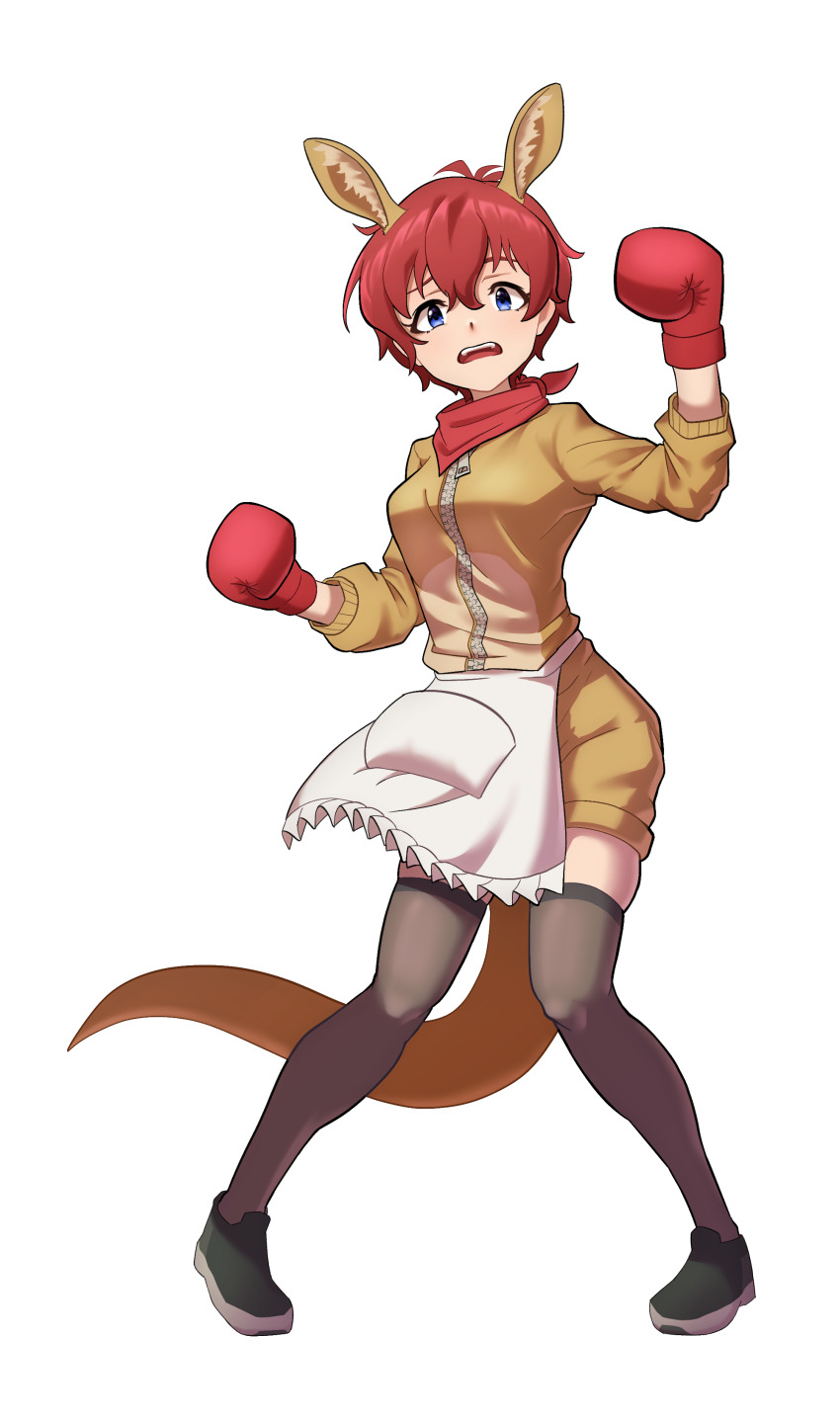 1girl absurdres animal_ears apron bandana black_footwear black_thighhighs blue_eyes boxing_gloves commentary_request cosplay fake_animal_ears fake_tail frilled_apron frills gloves hair_between_eyes hands_up highres idolmaster idolmaster_million_live! jonero99 julia_(idolmaster) kangaroo_costume kangaroo_ears kangaroo_tail kigurumi legs long_sleeves looking_at_viewer open_mouth red_bandana red_gloves red_hair short_hair solo standing tail teeth thighhighs thighs upper_teeth_only waist_apron white_apron white_background zipper zipper_pull_tab