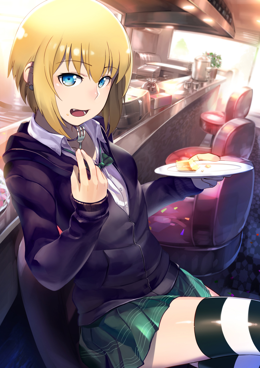 1girl absurdres blonde_hair blue_eyes bow bowtie counter donarudo fang female_focus food food_on_face fork hair_between_eyes highres holding holding_fork holding_plate indoors kon_futaba miniskirt open_mouth plate school_uniform short_hair sidelocks sitting skirt solo soredemo_machi_wa_mawatteiru thighhighs