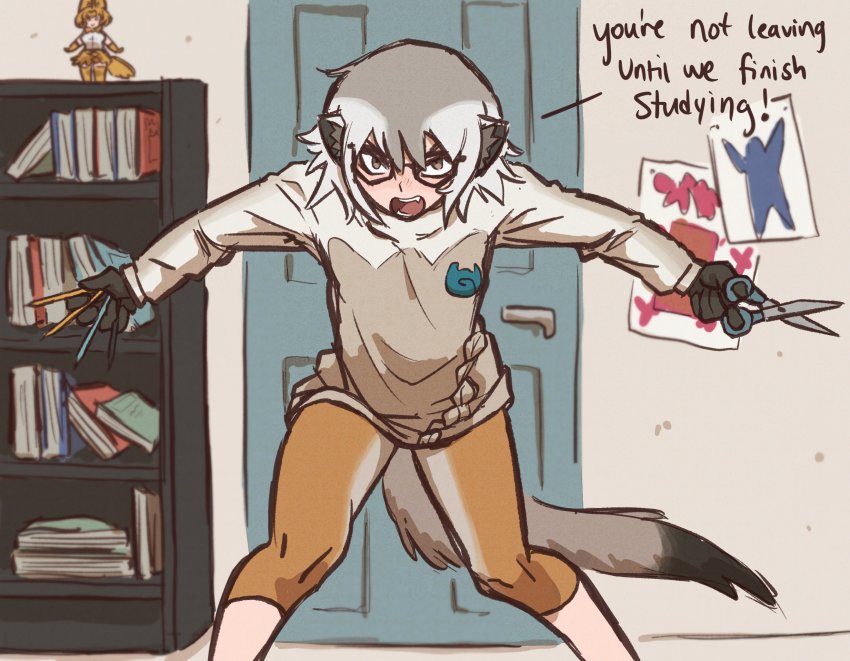 1girl blocking blocking_way book book_stack bookshelf commentary door drawing_(object) english_commentary english_text figma grey_hair highres holding holding_pencil kemono_friends kemono_friends_3 looking_at_viewer meerkat_(kemono_friends) meerkat_ears meerkat_tail pencil scissors serval_(kemono_friends) short_hair solo tateoftot two-tone_sweater