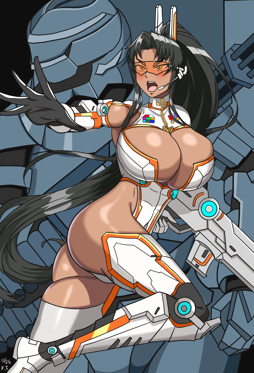 1girl absurdres alternate_costume assault_rifle breasts dark-skinned_female dark_skin gun high_ponytail highleg highleg_leotard highres holding holding_weapon large_breasts leotard long_hair mirabell_bell official_alternate_costume ponytail revealing_clothes rifle shiny_skin taimanin_(series) taimanin_rpgx thong_leotard weapon wide_hips xps-11a_bone