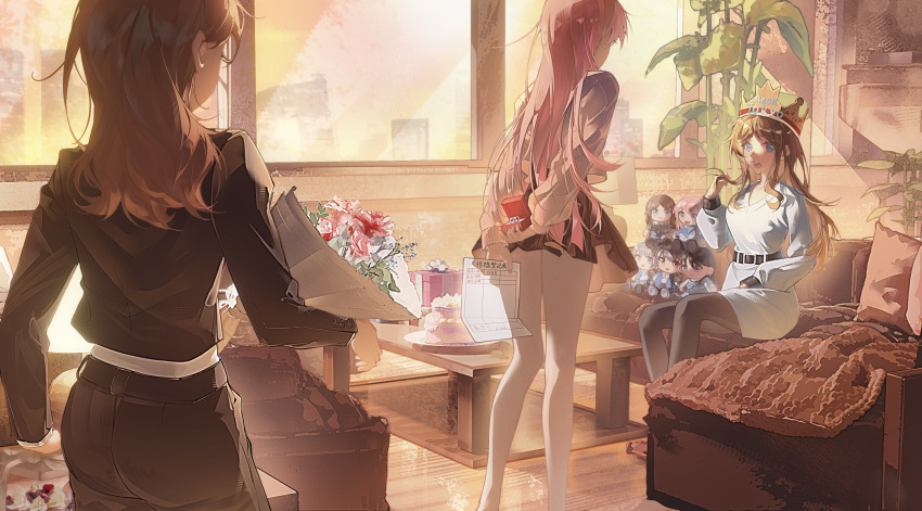3girls absurdres anon_tokyo_(bang_dream!) arms_behind_back bang_dream! bang_dream!_it&#039;s_mygo!!!!! belt black_belt black_jacket black_pantyhose blue_eyes blush brown_hair brown_skirt cang_(akaga204) character_doll chihaya_anon chinese_commentary commentary_request commission couch crown doll highres indoors jacket jewelry kaname_raana long_hair marriage_certificate_(object) marriage_proposal mother_and_daughter multiple_girls mygo!!!!!_(bang_dream!) nagasaki_soyo nagasaki_soyo&#039;s_mother open_mouth pantyhose pink_hair pleated_skirt ring second-party_source shiina_taki sidelocks sitting skirt sweater takamatsu_tomori teeth twirling_hair upper_teeth_only walk-in watermark wedding_ring white_skirt white_sweater yuri