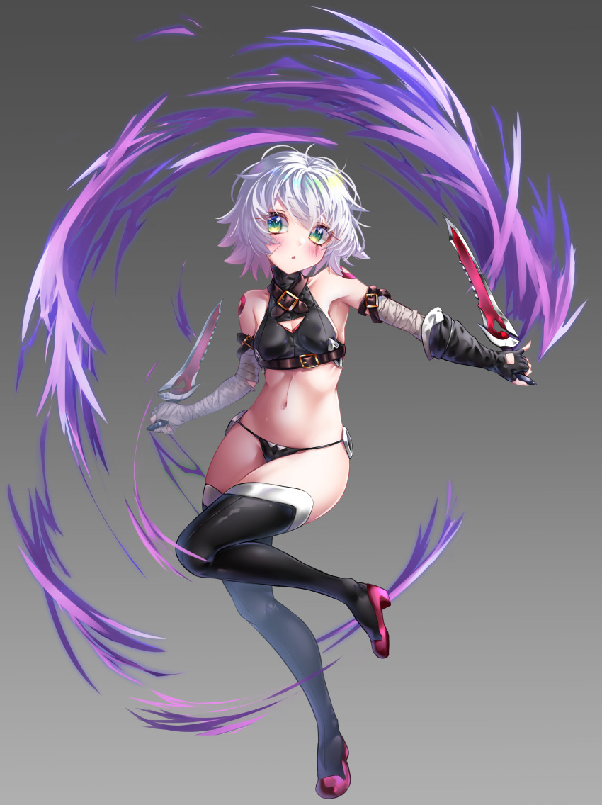 1girl :&lt; absurdres arm_belt bandaged_arm bandages bare_shoulders belt belt_buckle black_boots black_gloves black_panties black_shirt boots breasts brown_belt buckle cameltoe commentary crop_top dagger dual_wielding facial_scar fate/grand_order fate_(series) fingerless_gloves full_body gloves gradient_background green_eyes grey_background grey_hair head_tilt high_heel_boots high_heels highres holding holding_dagger holding_knife holding_weapon jack_the_ripper_(fate/apocrypha) knife leg_up looking_at_viewer navel noble_phantasm_(fate) outstretched_arm panties renreteya revealing_clothes reverse_grip scar scar_across_eye scar_on_cheek scar_on_face shirt short_hair shoulder_tattoo single_fingerless_glove single_glove sleeveless sleeveless_shirt small_breasts solo stomach tattoo thigh_boots thighhighs thong triangle_mouth underwear weapon wide_hips