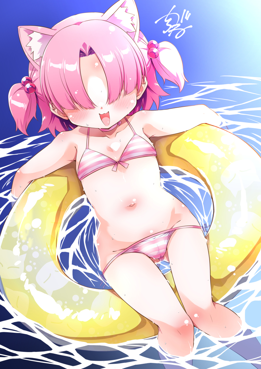 1girl :d animal_ears bikini blue_archive breasts cat_ears cat_girl chlorella_observation_club_member_(blue_archive) facing_viewer from_above groin hair_bobbles hair_ornament hair_over_eyes highres innertube loli long_bangs lying navel on_back on_innertube open_mouth partially_submerged pink_bikini pink_hair shirogane_(cufsser) short_hair small_breasts smile stomach striped_bikini striped_clothes swim_ring swimsuit two_side_up water wet yellow_innertube