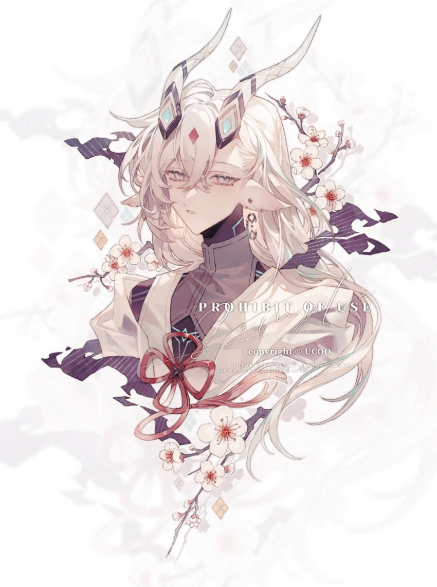1boy bird black_bodysuit black_ribbon bodysuit bodysuit_under_clothes branch cherry_blossoms collared_vest cropped_torso demon_horns earrings eyelashes floating_earrings flower flower_knot grey_vest hair_between_eyes hair_ribbon high_collar highres horns japanese_white-eye jewelry long_hair low_twintails male_focus original parted_lips pinstripe_ribbon pointy_ears ribbon sample_watermark shawl simple_background single_earring solo torn_ribbon track_(lostalone) turtleneck turtleneck_bodysuit twintails very_long_hair vest watermark white_background white_flower white_hair white_horns white_shawl zoom_layer