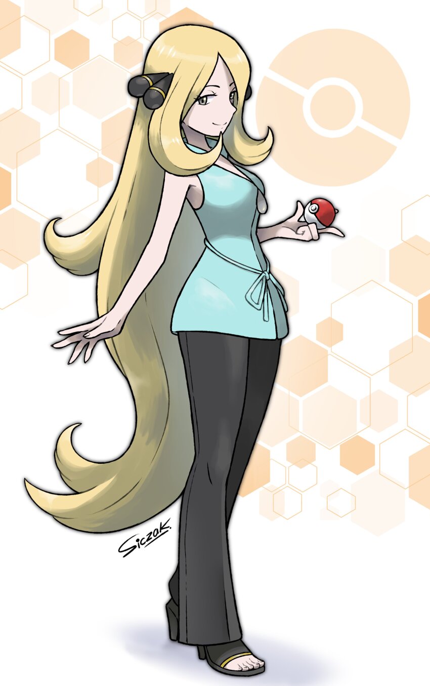 1girl absurdres black_pants blonde_hair blue_shirt breasts closed_mouth commentary commission creatures_(company) cynthia_(pokemon) english_commentary full_body game_freak grey_eyes hair_over_one_eye highres holding holding_poke_ball long_hair medium_breasts nintendo pants poke_ball poke_ball_(basic) pokemon pokemon_(anime) pokemon_bw_(anime) shirt siczak sleeveless sleeveless_shirt smile solo standing toeless_footwear toes very_long_hair yellow_background