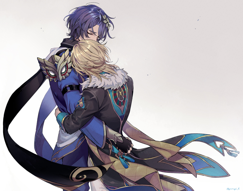 2boys ancient_greek_clothes armor artist_name aventurine_(honkai:_star_rail) black_gloves black_jacket black_shirt blonde_hair blue_pants closed_eyes collared_shirt commentary_request cowboy_shot dr._ratio_(honkai:_star_rail) eyeshadow facing_away fingerless_gloves from_behind fur-trimmed_jacket fur_trim gloves gold_trim greco-roman_clothes hair_between_eyes hair_ornament highres honkai:_star_rail honkai_(series) hug jacket makeup male_focus medium_hair multiple_boys pants parted_bangs pauldrons purple_hair red_eyeshadow shirt short_hair shoulder_armor simple_background single_pauldron sleeve_cuffs standing three-quarter_sleeves twitter_username vambraces white_background white_pants yurugi_(yurugi_h)