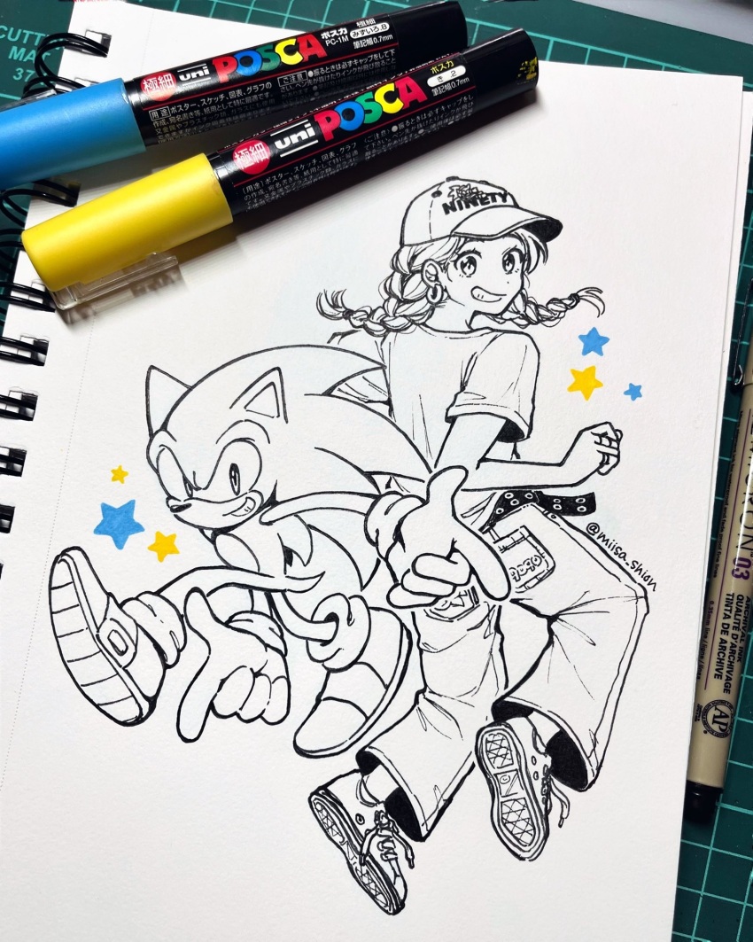 1girl art_tools_in_frame gloves hand_drawn hat hedgehog highres jumping miisa_shion notebook pants photo_(medium) sega shirt shoes smile smirk socks sonic_(series) sonic_adventure sonic_the_hedgehog spiked_hair star_(symbol) traditional_media twintails