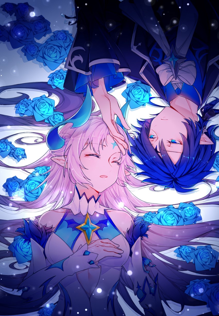 1boy 1girl absurdres an_(bfzann) bare_shoulders blue_hair chevalier_(elsword) ciel_(elsword) demon elsword floral_background hand_on_forehead highres ishtar_(elsword) long_hair luciela_r._sourcream sleeping symbol white_hair