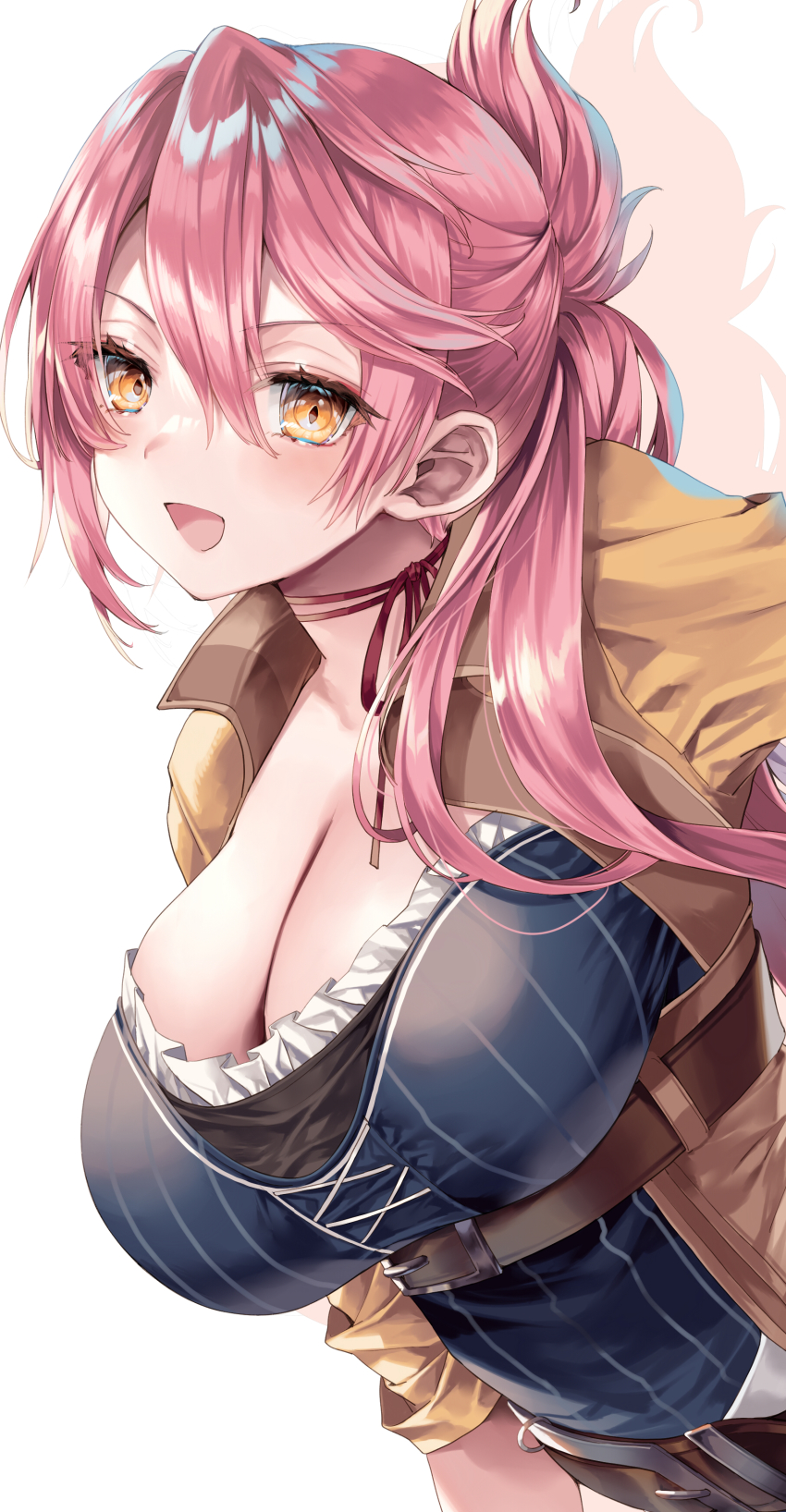 1girl absurdres breasts cleavage commission eiyuu_densetsu highres hime_gyo jacket large_breasts looking_at_viewer orange_eyes pink_hair ponytail sara_valestein sen_no_kiseki_(series) sen_no_kiseki_i skeb_commission smile solo swept_bangs upper_body