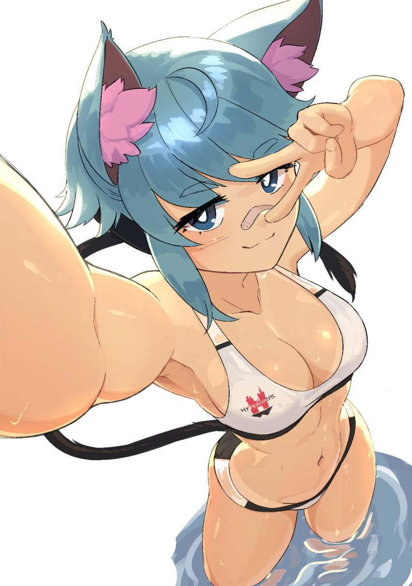 1girl animal_ear_fluff animal_ears armpits bikini blue_eyes blue_hair breasts bright_pupils cat_ears cat_tail cleavage from_above gift_art highres medium_breasts original outstretched_arm selfie simple_background solo suweeka swimsuit tail v v_over_eye wading white_bikini white_pupils
