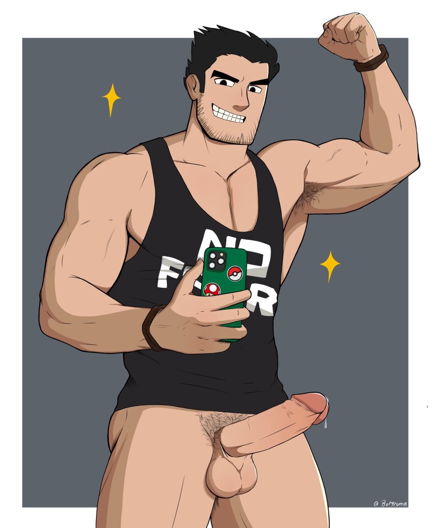 1boy armpit_hair armpits bara beard_stubble black_hair black_tank_top bottomless butyrumb clothes_writing cowboy_shot erection facial_hair highres holding holding_phone huge_eyebrows large_pectorals lucas_lee male_focus male_pubic_hair muscular muscular_male official_alternate_costume otaku pectoral_cleavage pectorals penis phone poison_mushroom_(mario) poke_ball_print precum pubic_hair scott_pilgrim_(series) scott_pilgrim_takes_off selfie short_hair sidepec smile solo sparkle sparse_pubic_hair standing stubble tank_top uncensored