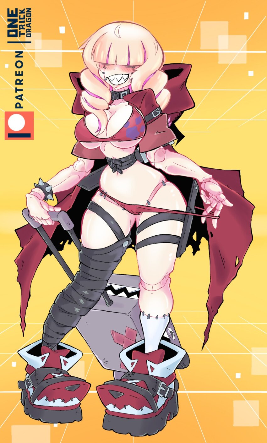 1girl blush breasts chaperomon digimon digimon_(creature) female_focus original sharp_teeth solo teeth