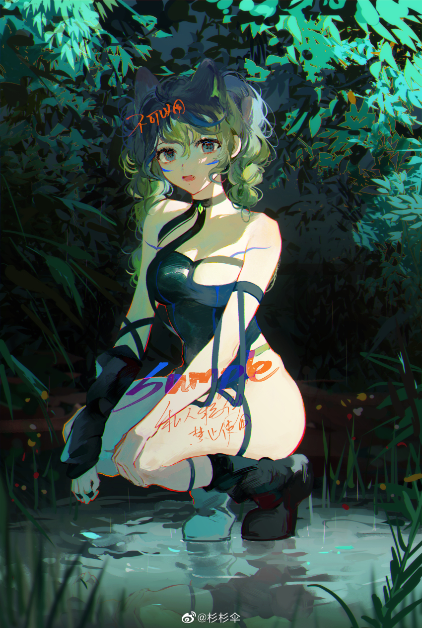 1girl absurdres animal_ear_fluff animal_ears arm_warmers armlet asymmetrical_footwear bare_shoulders black_arm_warmers black_boots black_one-piece_swimsuit black_ribbon black_socks blue_boots blue_eyes boots braid breasts cat_ears chinese_commentary commentary_request commission eyelashes facial_mark forest full_body grass green_hair hair_between_eyes highres jewelry kamu_(poulro) kneehighs long_hair medium_breasts mismatched_footwear nature neck_ribbon one-piece_swimsuit open_mouth original outdoors puddle rain reflection reflective_water ribbon sample_watermark single_arm_warmer single_kneehigh single_sock socks solo squatting strap_slip swimsuit thigh_strap twin_braids watermark weibo_watermark whisker_markings