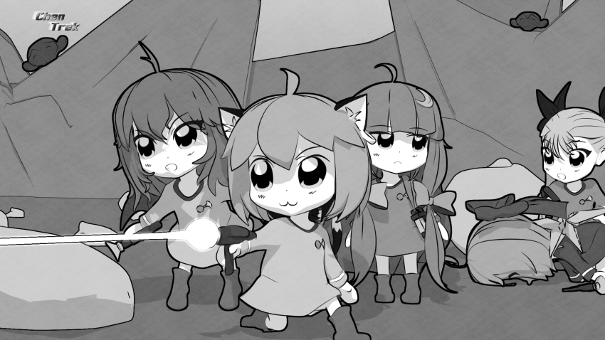 3d 5girls :&lt; :3 :o bat_wings bike_horn bkub_(style) blender_(medium) boots bow chen chibi cirno commentary crossover dance_in_the_vampire_bund dress earrings energy_gun firing greyscale gs-mantis hair_bow hair_ribbon highres jewelry laser laser_rifle long_hair lying mina_tepes monochrome multiple_girls no_headwear on_stomach outdoors parody patchouli_knowledge remilia_scarlet ribbon rock star_trek touhou twintails uniform weapon wings