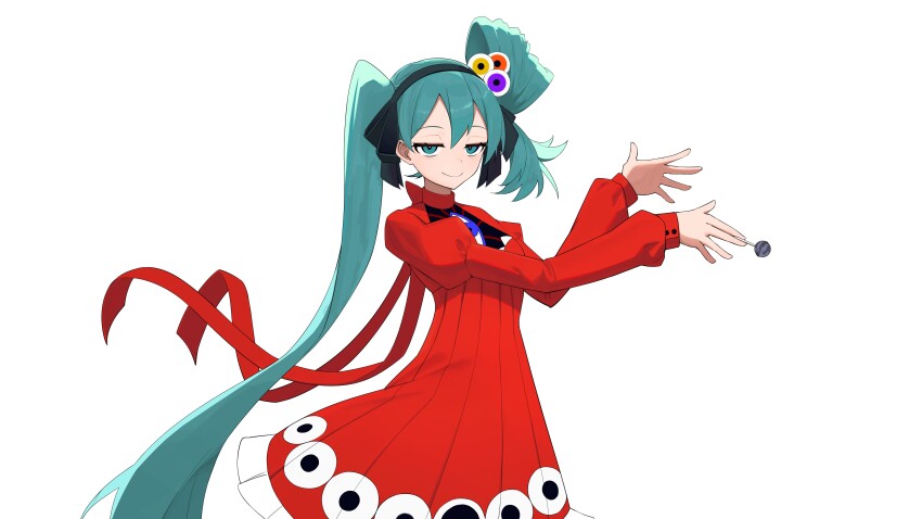 1girl absurdres alternate_costume alternate_hairstyle aqua_eyes aqua_hair asymmetrical_hair between_fingers black_hairband black_ribbon bow bow_choker candy choker closed_mouth double-parted_bangs dress eye_print eyeball_hair_ornament folded_hair food frilled_dress frills funakinuta hair_between_eyes hair_ornament hair_ribbon hairband hatsune_miku highres holding holding_candy holding_food holding_lollipop juliet_sleeves lollipop long_hair long_sleeves looking_at_viewer print_dress psi_(vocaloid) puffy_sleeves red_bow red_dress ribbon simple_background smile solo twintails uneven_twintails very_long_hair vocaloid white_background