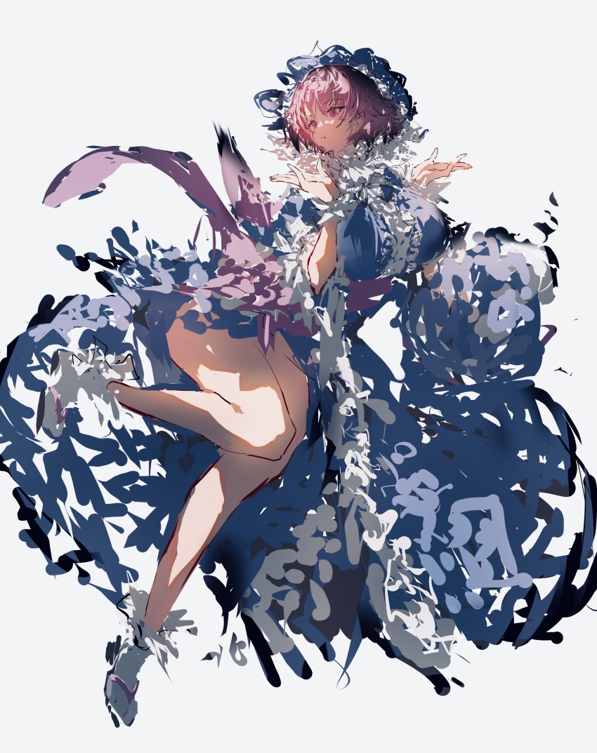 1girl absurdres blue_kimono breasts expressionless frills from_side hat highres japanese_clothes kimono large_breasts legs medium_hair pink_eyes pink_hair po_(anhk5528) saigyouji_yuyuko socks solo touhou white_background white_socks