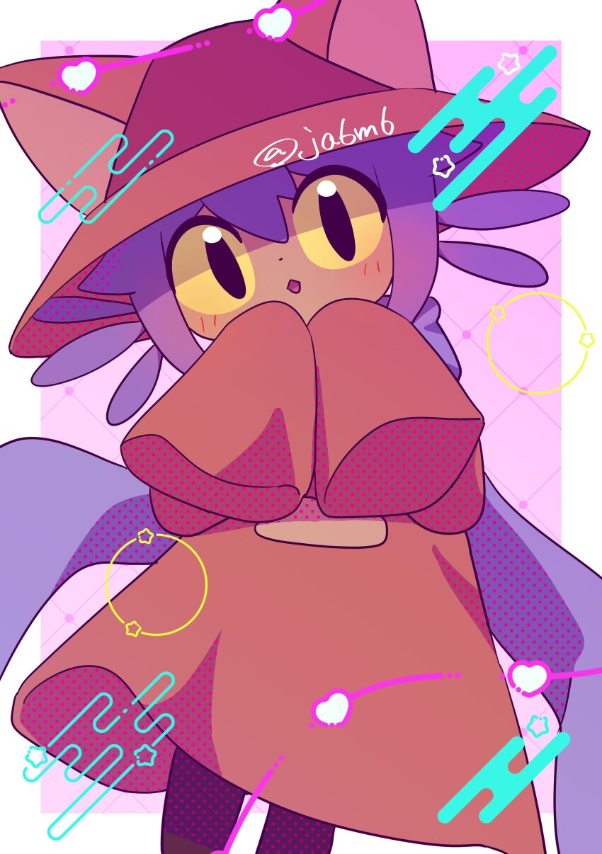 1other :o absurdres androgynous animal_hat ben-day_dots black_eyes blush brown_coat brown_hat cat_hat child coat colored_sclera cowboy_shot dot_nose hat heart highres ja6m6 long_sleeves looking_at_viewer medium_hair niko_(oneshot) oneshot_(game) other_focus parted_lips purple_hair purple_scarf scarf screentones sleeves_past_fingers sleeves_past_wrists solo star_(symbol) twitter_username yellow_sclera