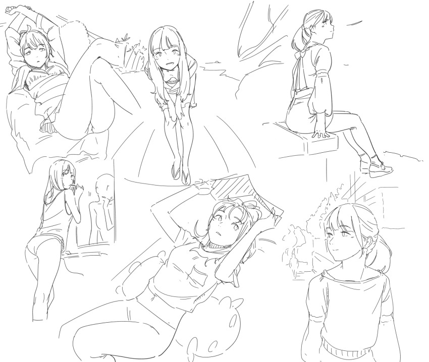 1girl ass bent_over bra breasts camisole collage crossed_legs greyscale highres kantai_collection lineart long_hair looking_at_viewer lying mamiya_(kancolle) midriff monochrome norakura_(nr_kura) original panties ponytail sitting sketch skirt smile underwear