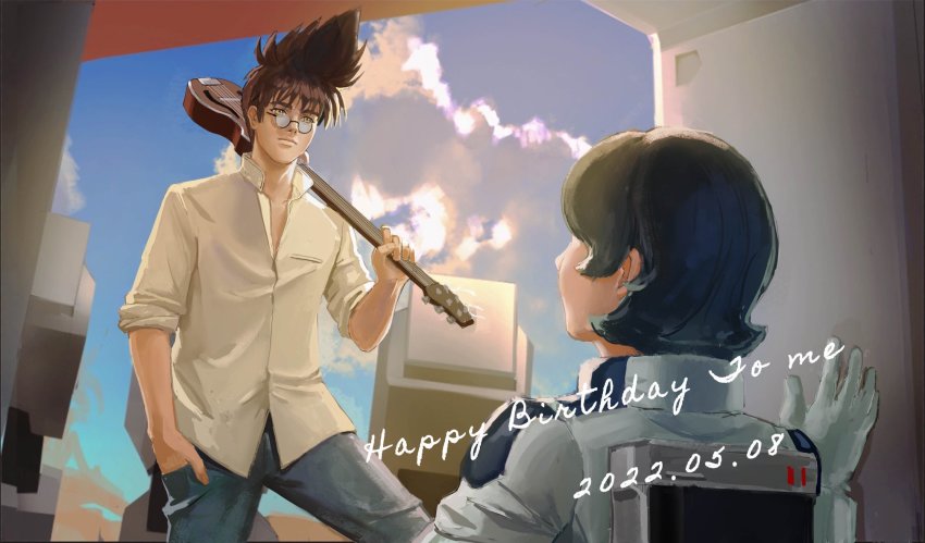 2boys blouse blue_hair brown_hair cloud collared_shirt commentary dated denim english_commentary gundam hair_behind_ear hand_in_pocket happy_birthday highres holding holding_instrument instrument jeans kamille_bidan macross macross_7 male_focus mecha_pilot_suit multiple_boys nekki_basara nekkikamille normal_suit_(gundam) pants pilot_suit round_eyewear shirt sky waving white_shirt yellow_eyes zeta_gundam