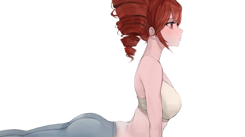1girl absurdres alternate_costume ass blue_leggings blush breasts chan1moon drill_hair from_side hashtag highres kasane_teto leggings midriff red_eyes red_hair simple_background small_breasts solo sports_bra stretching tank_top twin_drills utau white_background white_tank_top