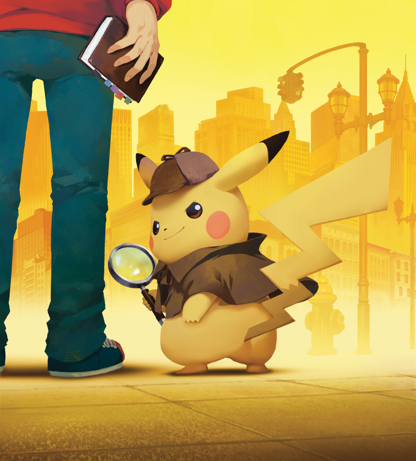 1boy absurdres animal_focus artist_request blue_footwear blue_pants book bookmark brown_coat brown_hat building city closed_mouth clothed_pokemon coat deerstalker detective_pikachu_(character) detective_pikachu_(game) detective_pikachu_(series) full_body gen_1_pokemon hat highres holding holding_book holding_magnifying_glass key_visual lamppost magnifying_glass nintendo official_art pants pikachu pokemon pokemon_(creature) promotional_art red_shirt second-party_source shirt shoes smile standing tim_goodman trench_coat