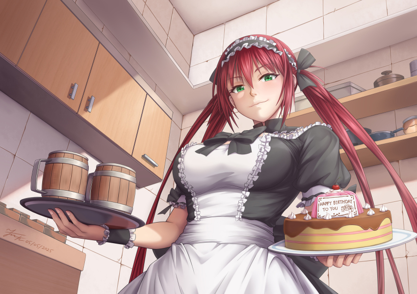 1girl airi_(queen&#039;s_blade) airi_(the_infernal_temptress) apron black_ribbon blush breasts cake cup food frills green_eyes happy_birthday highres holding holding_plate indoors kitchen kkkowy0913 long_hair maid maid_apron maid_headdress medium_breasts mug plate queen&#039;s_blade red_hair ribbon smile solo twintails wrist_cuffs