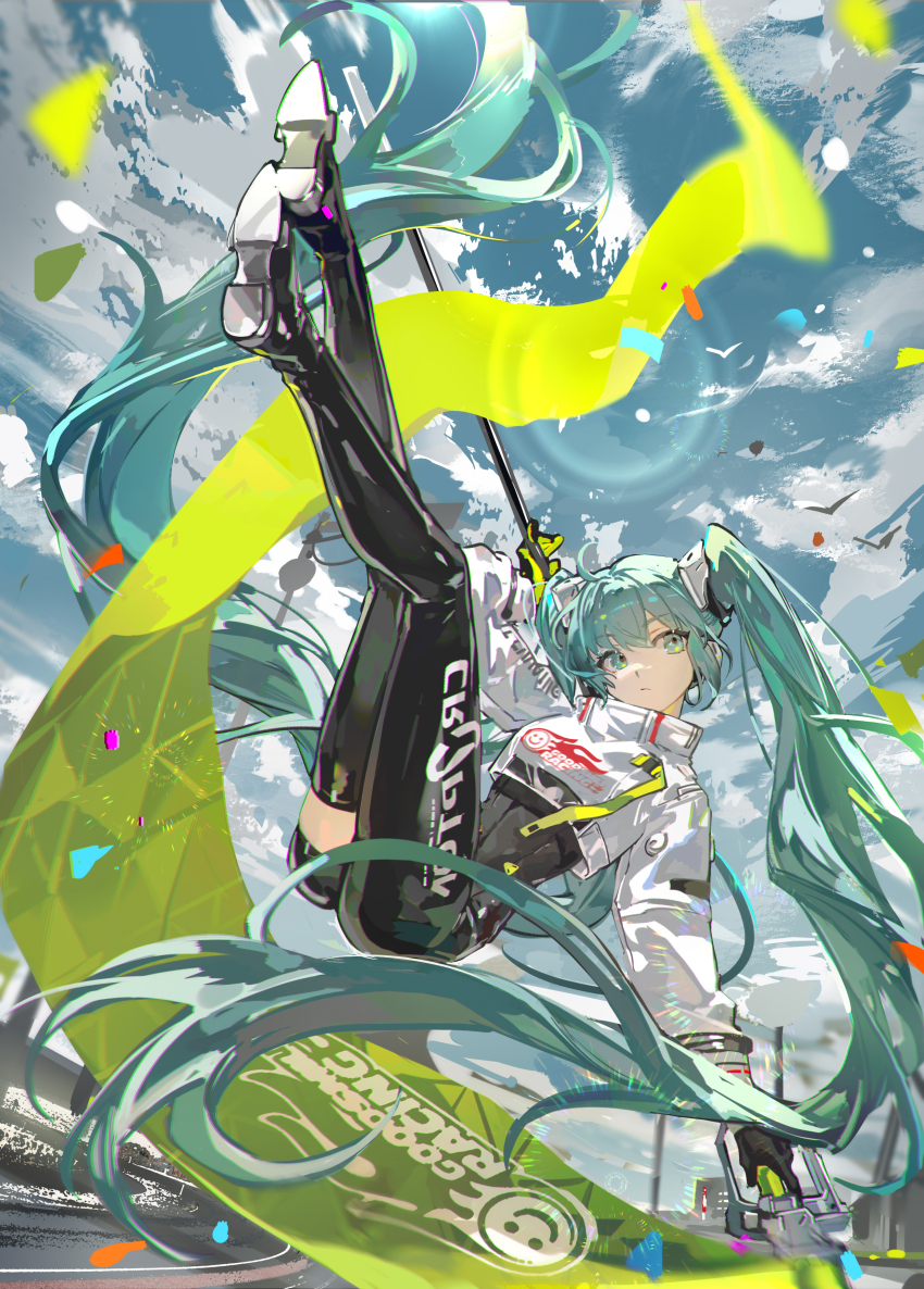 1girl absurdres aqua_hair black_bodysuit black_boots bodysuit boots closed_mouth cloud cloudy_sky flag gloves goodsmile_racing green_eyes green_flag green_gloves hair_between_eyes hatsune_miku highres holding holding_flag long_hair long_sleeves looking_at_viewer mento racing_miku racing_miku_(2022) single_leg_bodysuit single_thigh_boot sky solo thigh_boots twintails vocaloid