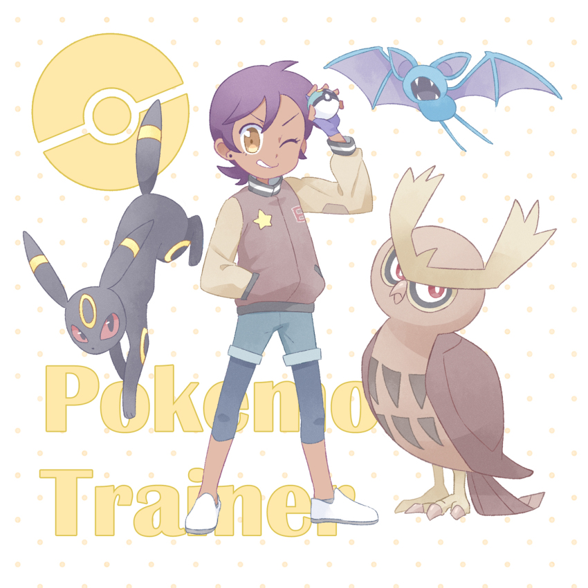 1girl ;) akasaka_(qv92612) beak brown_eyes brown_hair dark-skinned_female dark_skin denim denim_shorts disney fangs gen_1_pokemon gen_2_pokemon hand_in_pocket highres holding holding_poke_ball jacket letterman_jacket looking_at_viewer luz_noceda nintendo noctowl one_eye_closed pantyhose pantyhose_under_shorts poke_ball pokemon red_eyes short_hair short_shorts shorts smile talons the_owl_house umbreon very_short_hair white_footwear wings wink zubat