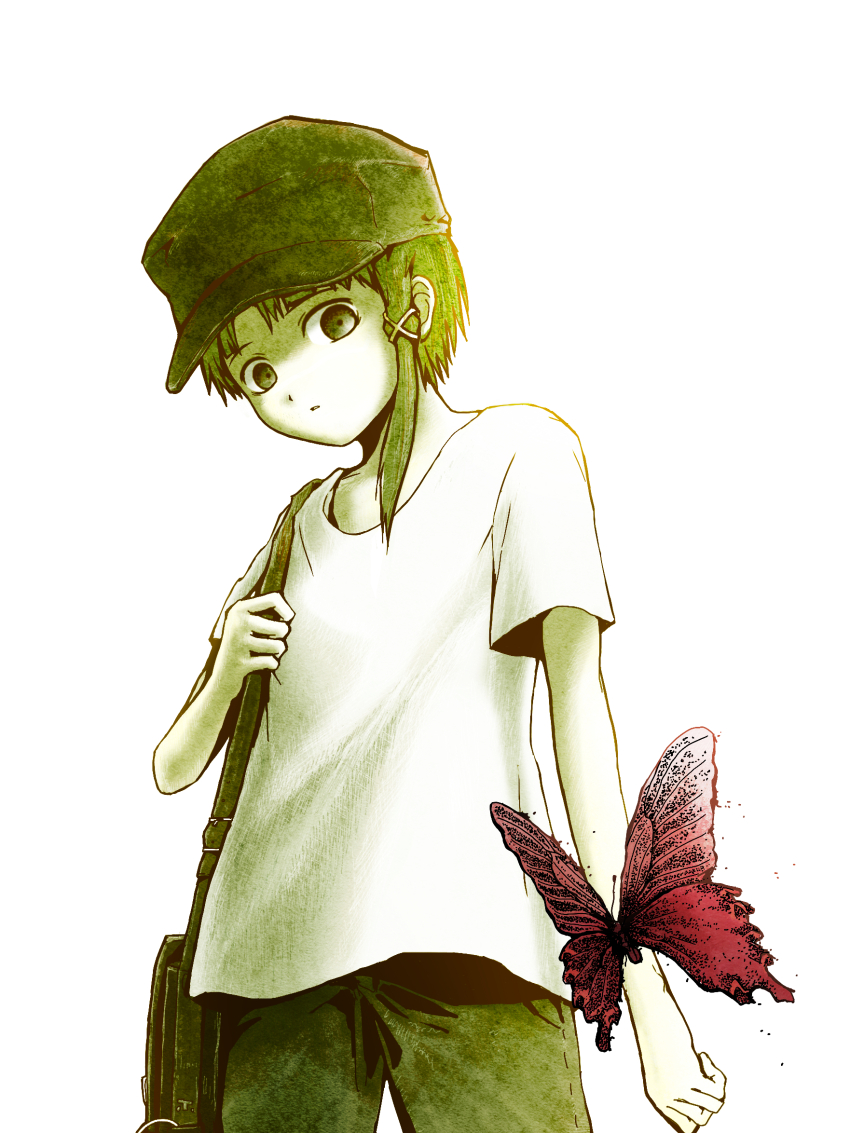 1girl asymmetrical_hair bag baseball_cap bloom bug butterfly butterfly_on_arm color_contrast commentary contrast cowboy_shot denim expressionless from_below green_bag green_eyes green_hair green_hat green_pants green_theme hair_ornament hat highres holding_strap insect iwakura_lain jeans looking_at_animal open_mouth pants red_butterfly sano_(snsk3470) serial_experiments_lain shirt short_hair short_hair_with_long_locks shoulder_bag simple_background single_sidelock solo standing t-shirt three_quarter_view white_background white_shirt x_hair_ornament