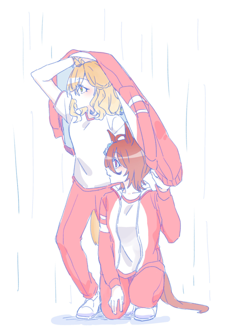 2girls absurdres agnes_tachyon_(umamusume) animal_ears arm_up braid brown_hair gym_shirt hair_between_eyes highres horse_ears horse_girl horse_tail improvised_umbrella jacket jungle_pocket_(umamusume) multiple_girls pants parted_lips rain red_eyes red_jacket red_pants seila_rei shirt shoes simple_background tail track_jacket track_pants track_suit umamusume white_background white_shirt white_shoes