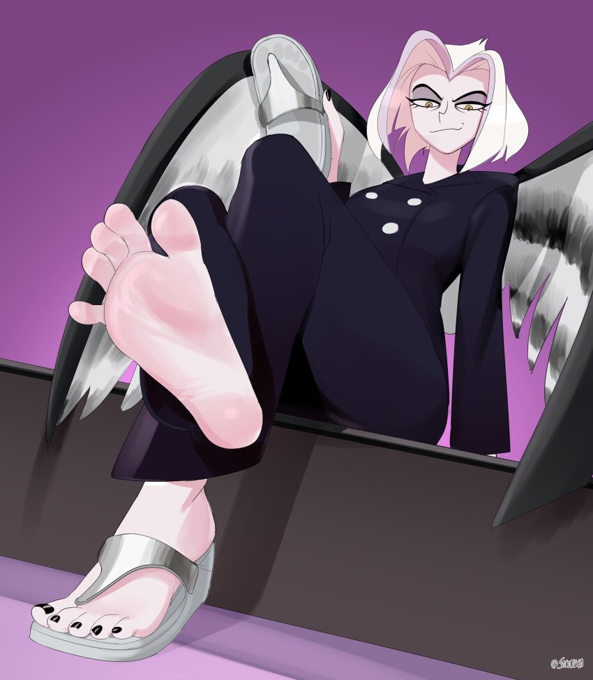 absurdres barefoot black_nails black_toenails crossed_legs feet foot_focus footprints hazbin_hotel highres holding holding_footwear holding_sandals holding_unworn_clothes lute_(hazbin_hotel) nail_polish sandals simple_background sitting smirk soles staerk toenail_polish toenails toes twitter_username white_hair wings