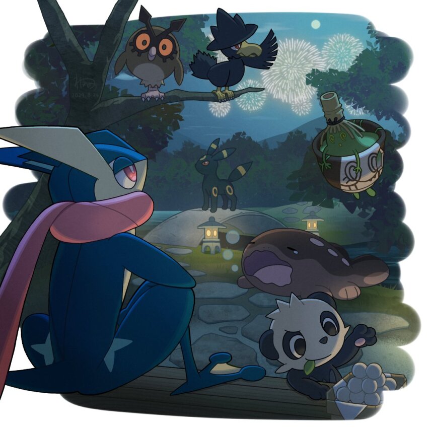 bird black_eyes bright_pupils clodsire colored_sclera commentary dated day fireworks gen_2_pokemon gen_6_pokemon greninja hoothoot looking_up murkrow nintendo no_humans open_mouth outdoors pancham pink_eyes pokemon pokemon_(creature) red_sclera sinistcha sitting smile standing tree umbreon wataame4907 wavy_mouth white_pupils