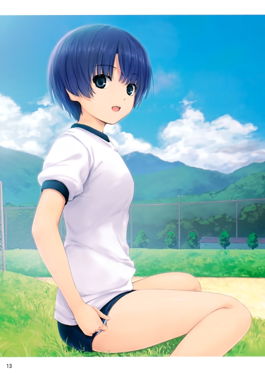 1girl :d absurdres adjusting_buruma adjusting_clothes ano_natsu_de_matteru blue_eyes blue_hair buruma chain-link_fence cloud coffee-kizoku day female_focus fence grass gym_uniform highres mountain open_mouth panties panties_under_buruma scan short_hair sitting sky smile solo tanigawa_kanna underwear white_panties