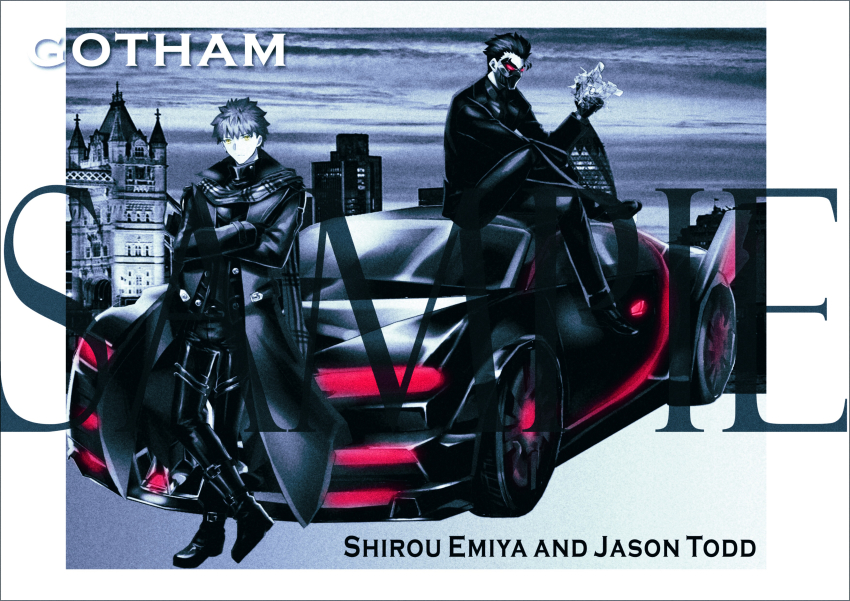 2boys absurdres bad_id bad_pixiv_id batman_(series) black_hair black_jacket bodysuit bugatti bugatti_chiron car coat commentary crossed_arms crossover dc_comics domino_mask emiya_shirou fate/stay_night fate_(series) garoshirou gloves gotham highres jacket jason_todd mask motor_vehicle multiple_boys orange_hair red_hair sample_watermark scarf sitting trench_coat vehicle_focus watermark yellow_eyes