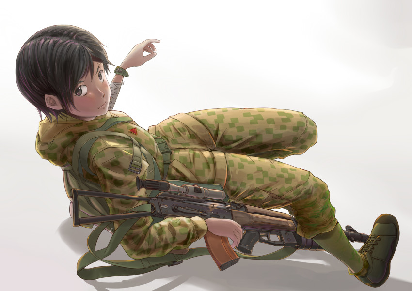 1girl ak-74 aks-74 arsenal_ad assault_rifle black_hair brown_eyes camouflage caseless_firearm chinese_commentary commentary_request dark-skinned_female dark_skin female_focus gp-25 grenade_launcher gun highres holding holding_gun holding_weapon izhmash kalashnikov_concern kalashnikov_rifle military military_uniform nikolai_ezhov original rifle scope short_hair simple_background solo stc_delta tskib_soo underbarrel_grenade_launcher weapon zastava_arms