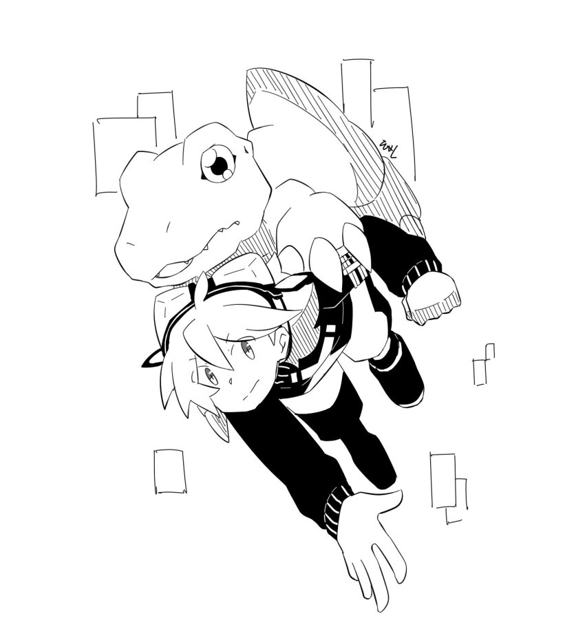 agumon claws digimon digimon_(creature) flying goggles goggles_on_head highres taiga_(digimon)