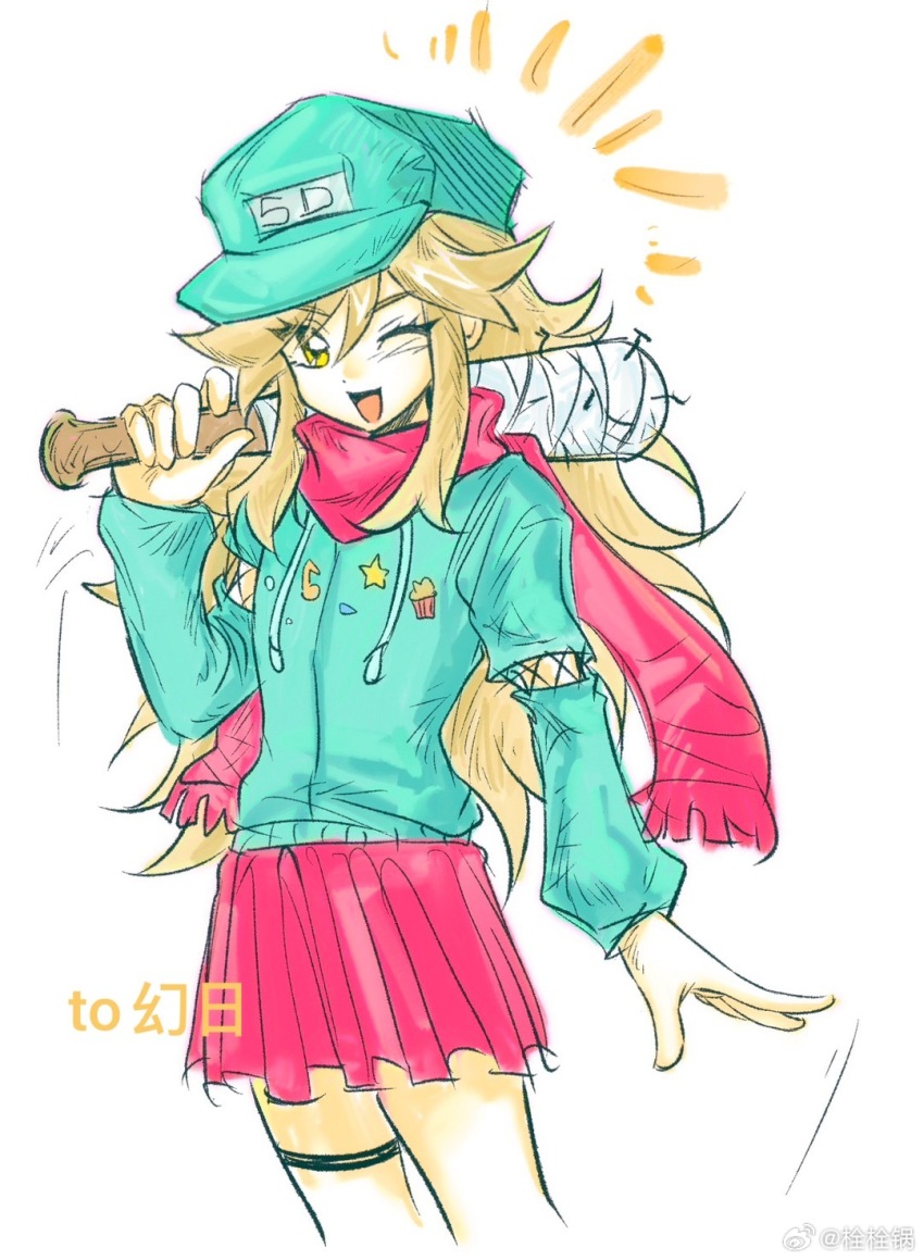 1girl aqua_hat aqua_jacket baseball_bat blonde_hair newsboy_cap check_copyright chinese_commentary commentary_request commission commissioner_name copyright_request cropped_legs eyelashes eyes_visible_through_hair fringe_trim hat highres holding holding_baseball_bat jacket long_hair long_sleeves looking_at_viewer messy miniskirt motion_lines nail nail_(hardware) nail_bat notice_lines one_eye_closed original over_shoulder pink_scarf pink_skirt pleated_skirt scarf shuanshuanguo simple_background skirt solo standing thigh_strap very_long_hair watermark weapon weapon_over_shoulder weibo_watermark white_background yellow_eyes zipper