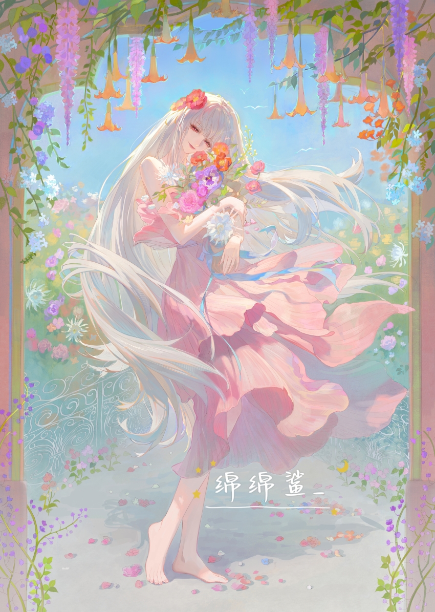 1girl absurdres arch bare_arms bare_shoulders barefoot bouquet carnation chinese_commentary commentary commission commissioner_name coquelic_(path_to_nowhere) dress epiphyllum fence floral_dress flower flower_request from_side full_body hair_flower hair_ornament hanging_flower head_tilt highres holding holding_bouquet long_hair looking_at_viewer looking_to_the_side luori_dianxin official_alternate_costume pansy path_to_nowhere pink_carnation pink_dress pink_flower poppy_(flower) purple_flower purple_pansy red_eyes red_flower second-party_source smile solo very_long_hair white_hair