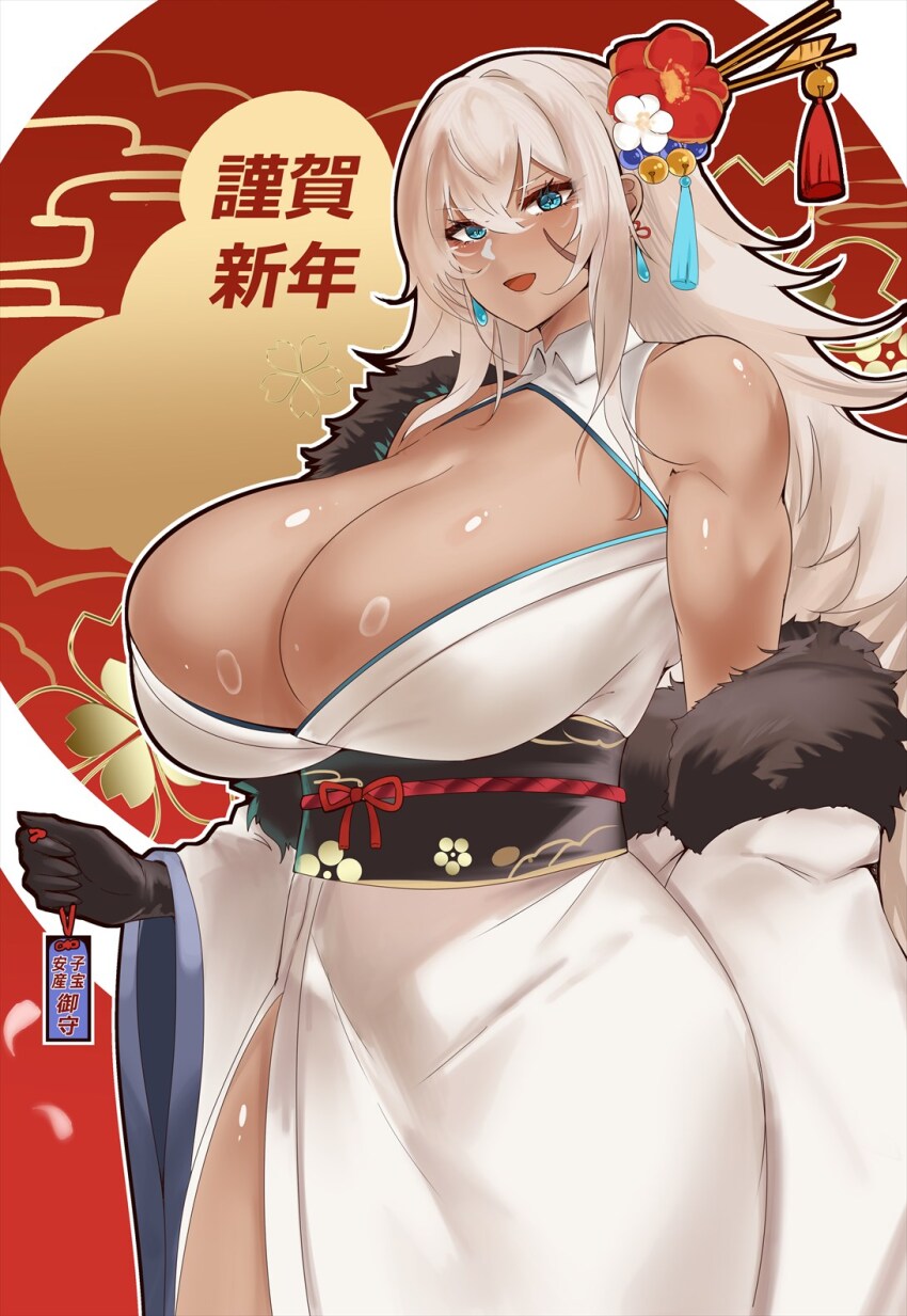 1girl :d alternate_costume azur_lane bare_shoulders black_gloves blue_eyes breasts cleavage commentary_request cowboy_shot dark-skinned_female dark_skin earrings facial_scar flower fur-trimmed_jacket fur_trim gloves hair_between_eyes hair_flower hair_ornament hair_stick highres holding huge_breasts indiana_(azur_lane) jacket japanese_clothes jewelry kimono long_hair looking_at_viewer new_year obi off_shoulder open_mouth paundo2 sash scar scar_on_cheek scar_on_face sidelocks sleeveless sleeveless_kimono smile solo standing translation_request very_long_hair white_hair white_jacket white_kimono