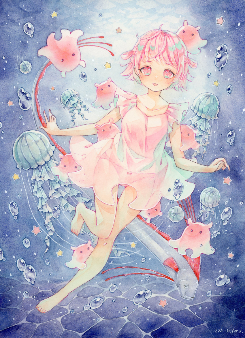 1girl absurdres amu_(m_aa) bow bow_panties breasts bubble collarbone dated dress fish full_body highres jellyfish leg_up looking_at_viewer oarfish open_mouth original painting_(medium) panties personification pink_dress pink_eyes pink_hair pink_panties short_dress short_hair signature small_breasts smile solo star_(symbol) traditional_media umbrella_octopus underwater underwear watercolor_(medium)