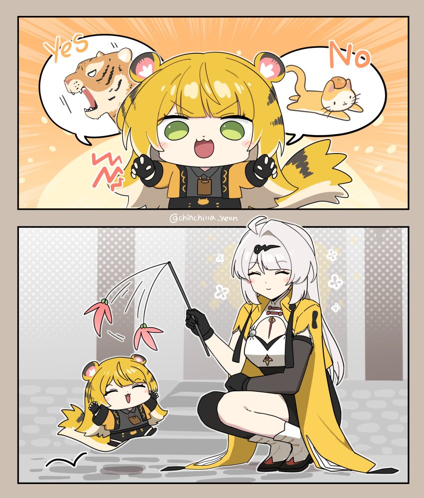 2girls ^_^ absurdres ahoge animal_ear_fluff animal_ears asymmetrical_gloves black_gloves black_unitard cat chibi claw_pose closed_eyes collared_shirt colored_inner_hair elbow_gloves gloves green_eyes grey_shirt hair_ornament high-waist_shorts highres jacket ju_fufu long_hair multicolored_hair multiple_girls ooyun orange_fur shirt shorts single_hair_intake single_thighhigh smile speech_bubble squatting striped_fur tail thighhighs thought_bubble tiger tiger_ears tiger_girl tiger_tail uneven_gloves white_hair yellow_jacket yin_yang_pin yixuan_(zenless_zone_zero) zenless_zone_zero