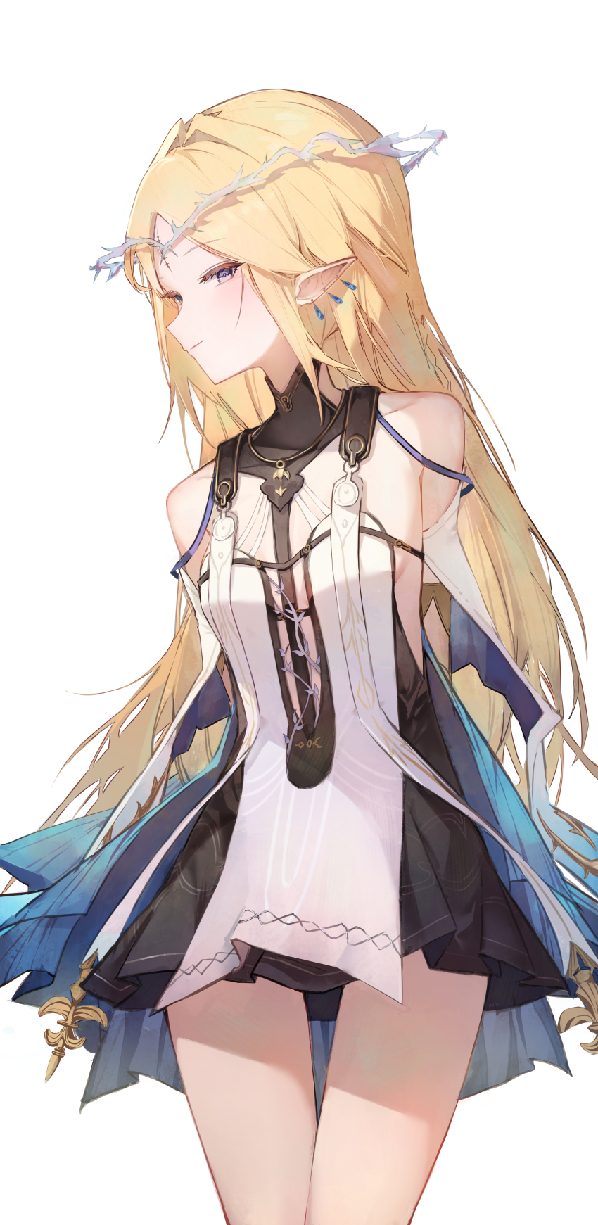 1girl absurdres blonde_hair breasts cartethyia_(wuthering_waves) closed_mouth dress earrings hato_(hatotoou) highres jewelry long_hair multiple_earrings pointy_ears purple_eyes short_dress simple_background small_breasts solo teardrop_earrings very_long_hair white_background wuthering_waves