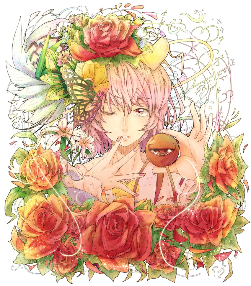 1girl bug butterfly female_focus flower heart highres bug komeiji_satori pandora-ex pink_eyes pink_hair rose short_hair solo third_eye touhou upper_body wink