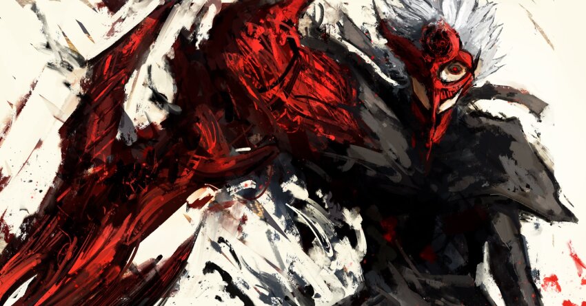 1boy arm_at_side black_capelet black_sclera black_shirt capelet colored_sclera extra_eyes highres kagune_(tokyo_ghoul) kaneki_ken kyezzzz looking_at_viewer male_focus mask one_eye_covered red_eyes red_mask shirt short_hair solo tokyo_ghoul tokyo_ghoul:re torn torn_clothes white_background white_hair