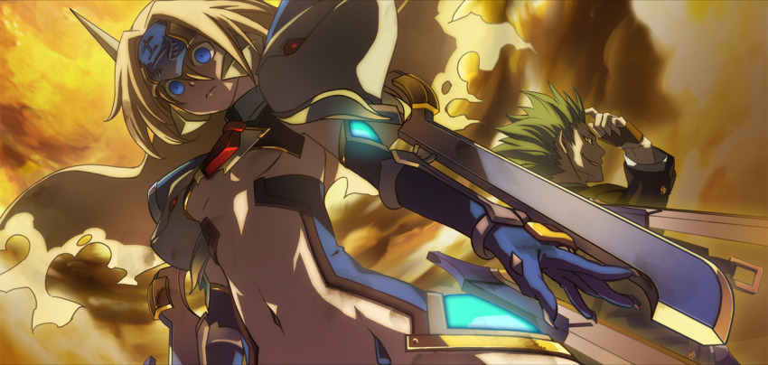 1boy 1girl blazblue blazblue:_chronophantasma blonde_hair green_hair mecha_musume mu-12 navel official_art tagme yuuki_terumi